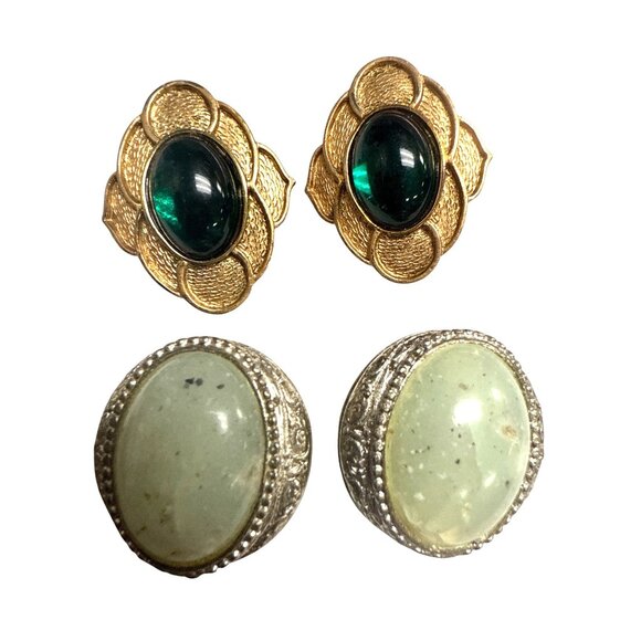 Vintage Paolo Gucci Gripoix & Retro Earrings Set Of 4 - Green & Gold Tones - Picture 3 of 5